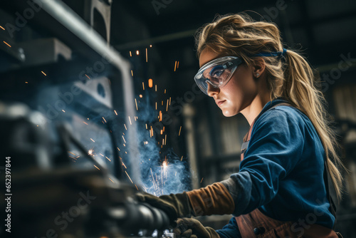 A pretty young blonde-haired lady working in the factory.