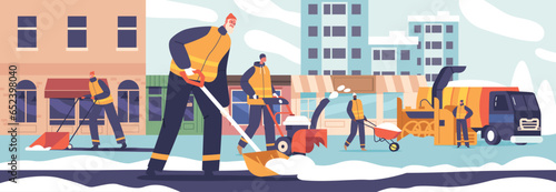 Dedicated Cleaner Characters Diligently Clear Streets Of Snow Use Shovels, Wheelbarrows and Machines Vector Illustration