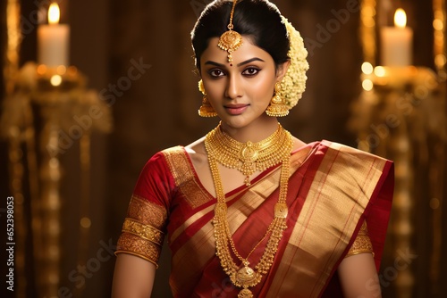 From Mysore, a royal bride shines in silk saree of gold and maroon, temple jewelry amplifying her aura