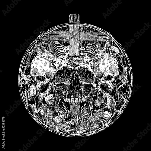 cross and skull hand draw death metal illustration. horror art style