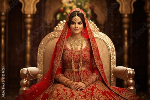 A bride from India's heartland in gold and red lehenga her mehndi and smile define her beautiful day photo