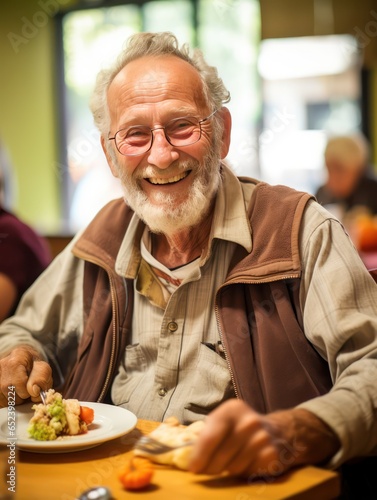 Elderly Canadian man in his 70s, enjoying a meal with friends, warmth and camaraderie in his joyful smile