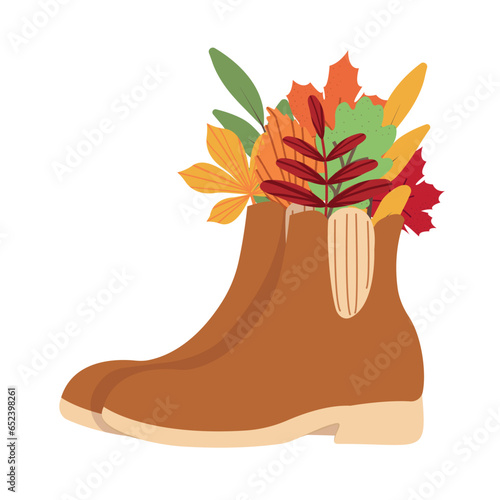 Autumn leaves and branch in boots, autumn mood. Happy thanksgiving. Good for card, poster, web banner and logo. Vector illustration in flat style.