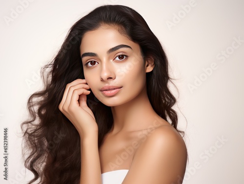 Calm Indian lady showcases skin-safe sunscreen  her radiant skin gleaming in the beauty ad.