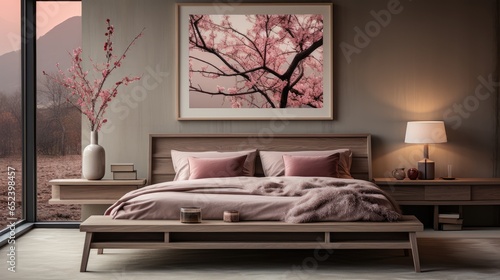 Wall mock up inBedroom Japanese in Monochromatic Color, Mockups Design 3D, HD photo