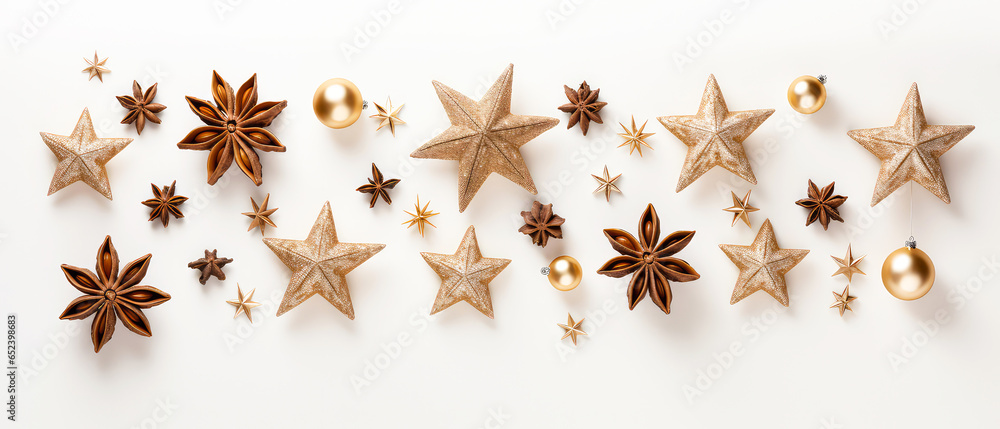 Christmas textured background with stars, glass balls, christmas decoration, spices, particles. Xmas composition. Top view. Flat Lay. Generative ai Christmas textured background with stars, glass balls, christmas decoration, spices, particles. Xmas composition. Top view. Flat Lay. Generative ai