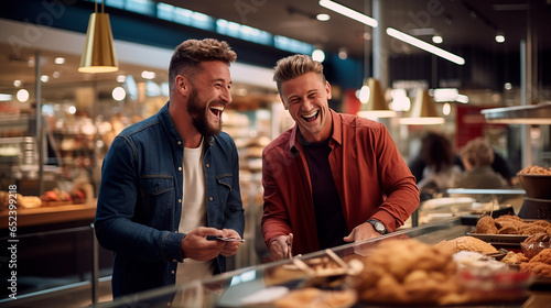 Dos clientes hombres apuestos sonrientes en una pastelería