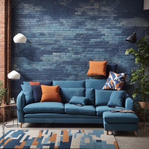 modern living room with sofa, bricks wall