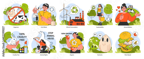 Sustainable living set. Vegan and cruelty free organic diet. Animal rights