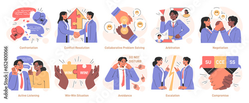Conflict management set. Character with conflict resolution skill. Person