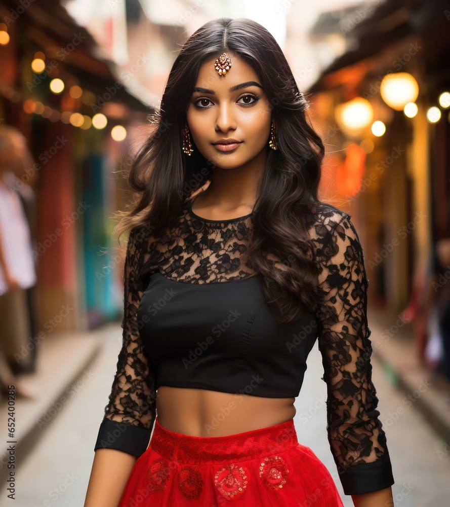 Stylish Indian teen girl in lace top and red skirt perfectly blends sophistication with youth Stylish Indian teen girl in lace top and red skirt perfectly blends sophistication with youth