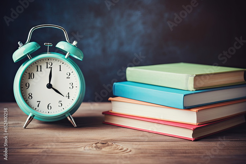 alarm clock and books on table