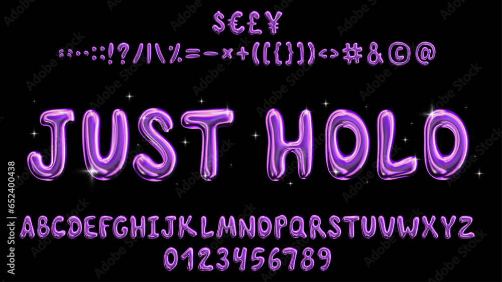 Vector illustration - Liquid holographic font. Trendy font with iridescent effect. The package includes 26 letters, 10 numbers, 28 punctuation marks, 4 currency symbols.
