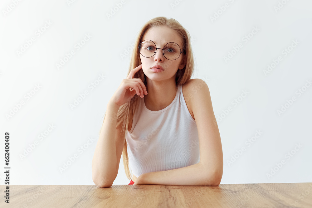Funny student girl portrait on white background Funny student girl portrait on white background