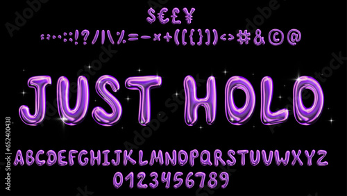 Vector illustration - Liquid holographic font. Trendy font with iridescent effect. The package includes 26 letters, 10 numbers, 28 punctuation marks, 4 currency symbols.