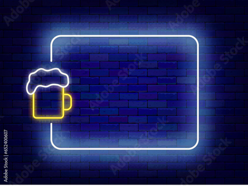 Oktoberfest neon advertising. Beer mag and empty border. National Germany holiday. Vector stock illustration