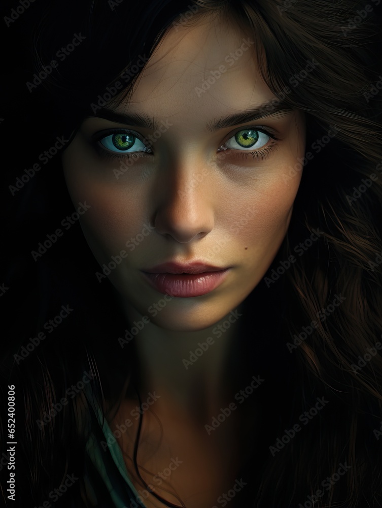 Portrait of a Beautiful Woman with Green Eyes and Dark Hairs.