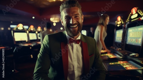 Handsome man in suit laughing and smiling in front of a slot machine in a luxurious casino