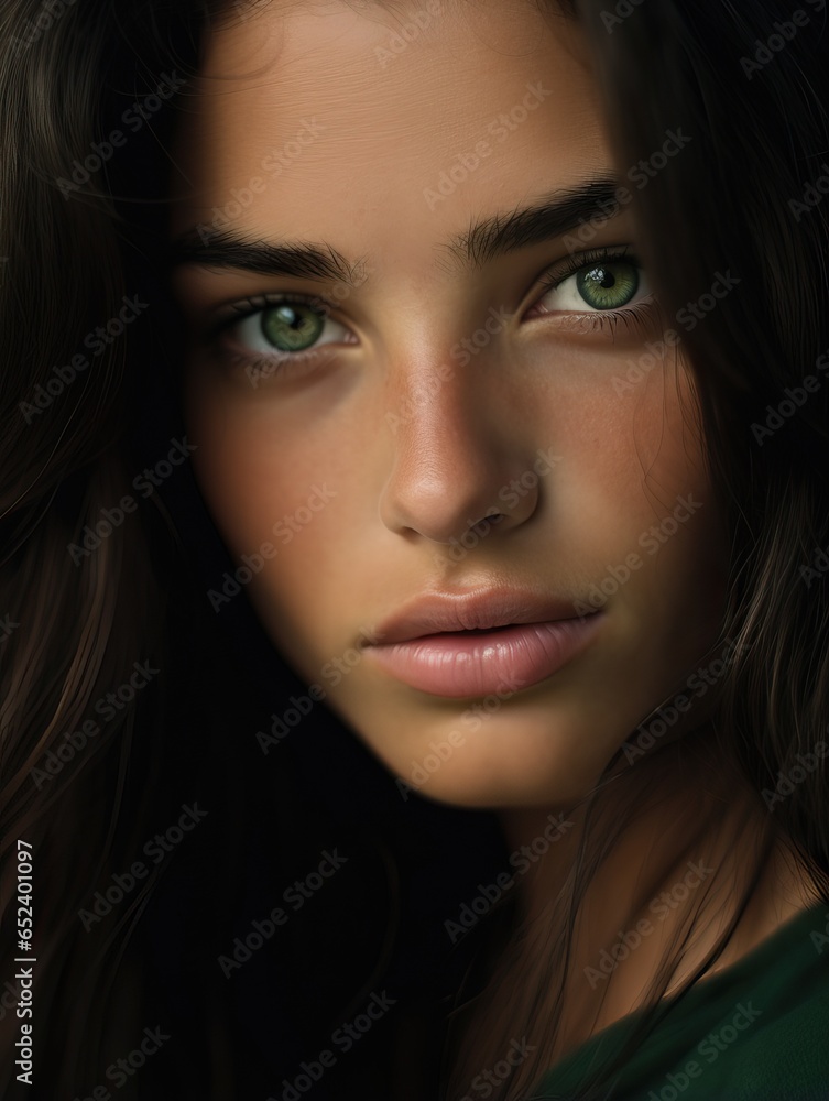 Portrait of a Beautiful Woman with Green Eyes and Dark Hairs.