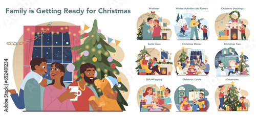 Christmas celebration set. Cheerful family members or friends getting