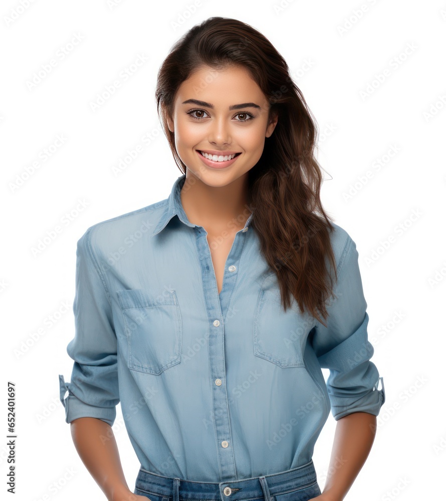 Trendsetting Indian teen girl in chic denim jeans, smile radiating modern fashion essence Trendsetting Indian teen girl in chic denim jeans, smile radiating modern fashion essence