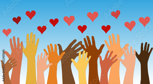 Group hands on top of each other of diverse multi-ethnic and multicultural people.Diversity people.Diverse culture.Racial equality.Concept of teamwork community and cooperation.Oneness
