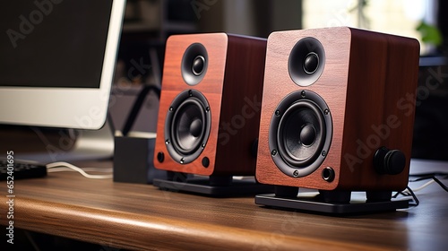 Close up of 2 Wooden Speaker over a Professional Desk of a Music Production Studio.