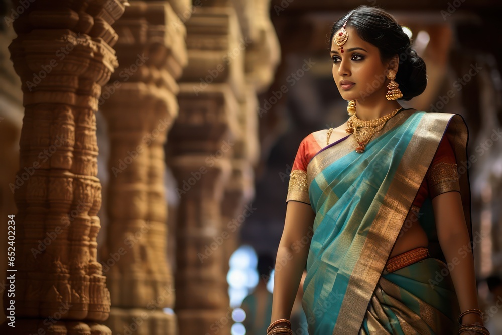 Fototapeta premium Resplendent Tamil belle before Brihadeeswarar, epitomizing South India's timeless beauty