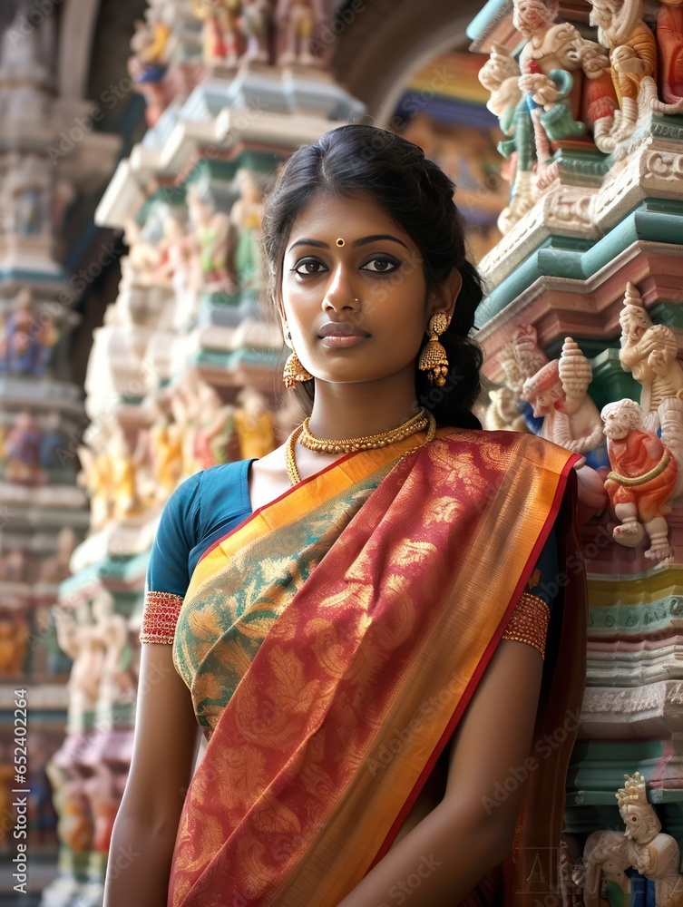 Tamil Nadu lass draped in Kanjeevaram, embodying the spiritual ambiance of a Madurai temple