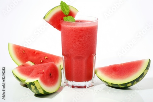 A glass of delicious bright red watermelon juice or smoothie. decorated with fresh watermelon slices isolated on white background. generative ai
