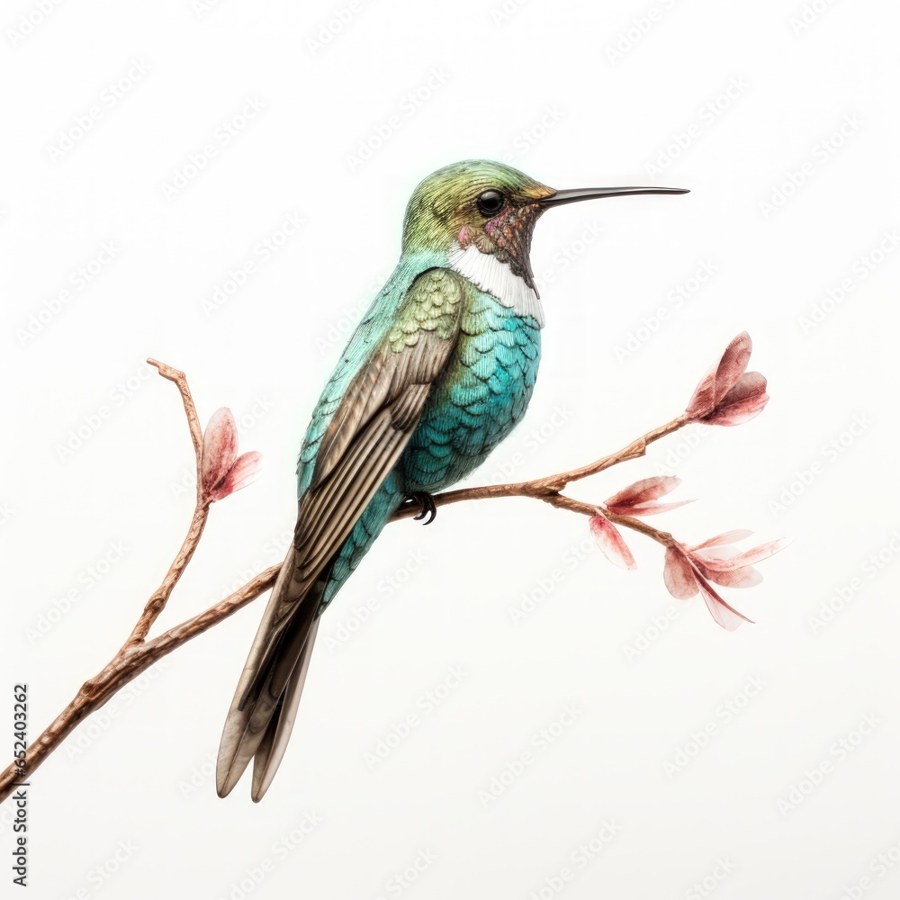 Fototapeta premium Delicate hummingbird, poised on a slender branch,isolated on white background