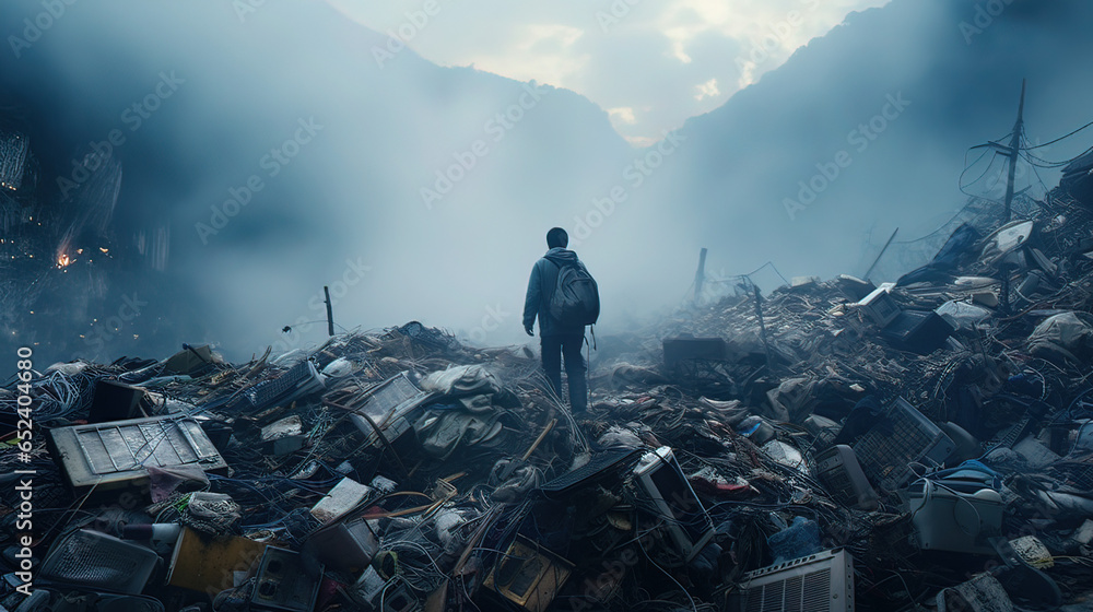 man on a huge mountain of trash and discarded clothes - obrazy, fototapety, plakaty 