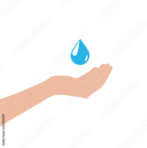 Una mano y una gota de agua sobre un fondo blanco. Vector