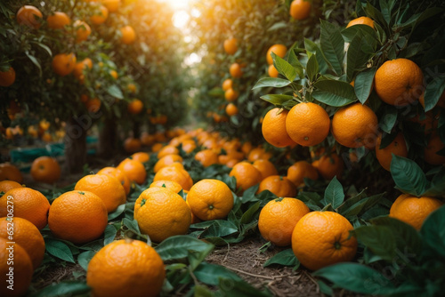 Orange trees with ripe fruits. Bloomy orange garden. © madedee
