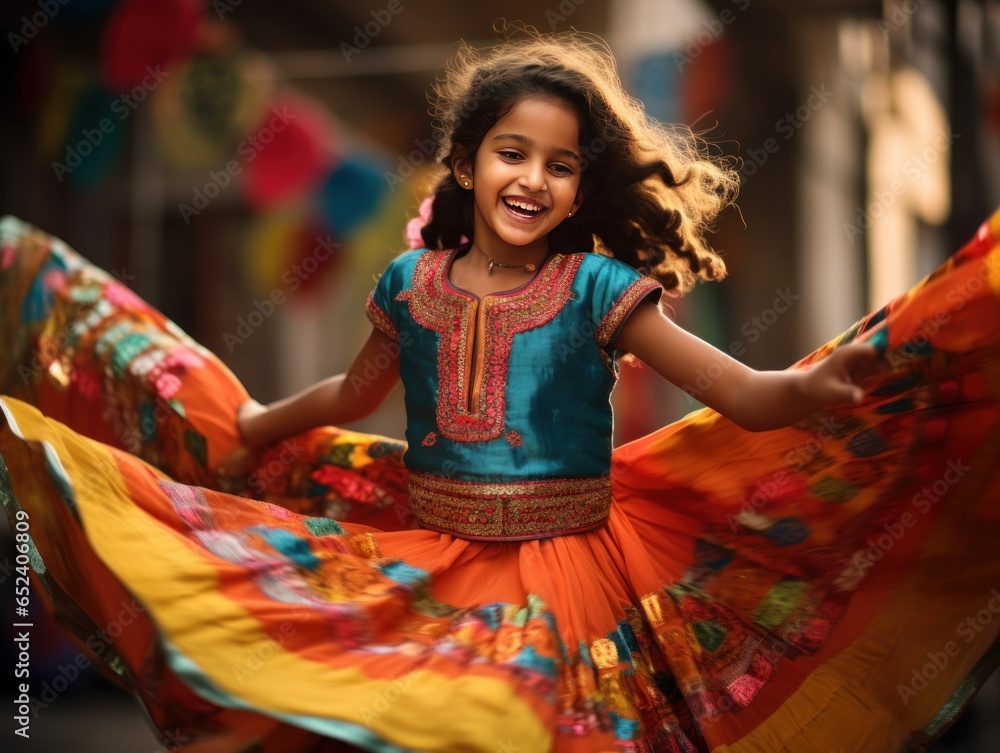 Obraz premium Young girl radiates youth and heritage in a bright lehenga choli, her laughter a testament to her joyous spirit