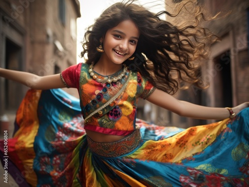 Indian girl, in a vivacious lehenga choli, exhibits her cultural legacy, her joyful laughter echoing youthful exuberance photo