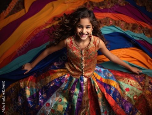 Girl dons a bright lehenga choli, reflecting her heritage's richness through her joyous laughter