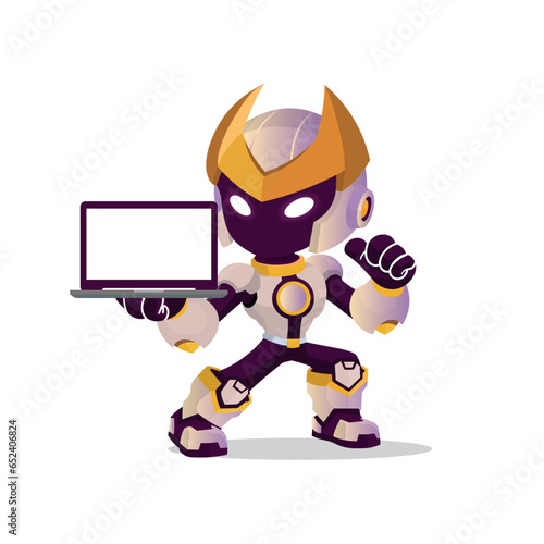 Cute Robot Holding Laptop Computer. Isolated on a white background. Modern technologies. Artificial Intelligence Concept. Flat Vector Illustration © дима селиванов