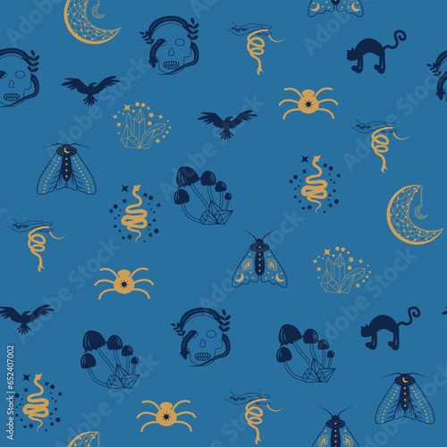 Magic and heaven seamless pattern  with magical elements such as snake  eye. Symbols and elements of the witchcraft theme.