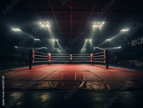 Epic empty boxing ring in the spotlight on the fight night AI photo