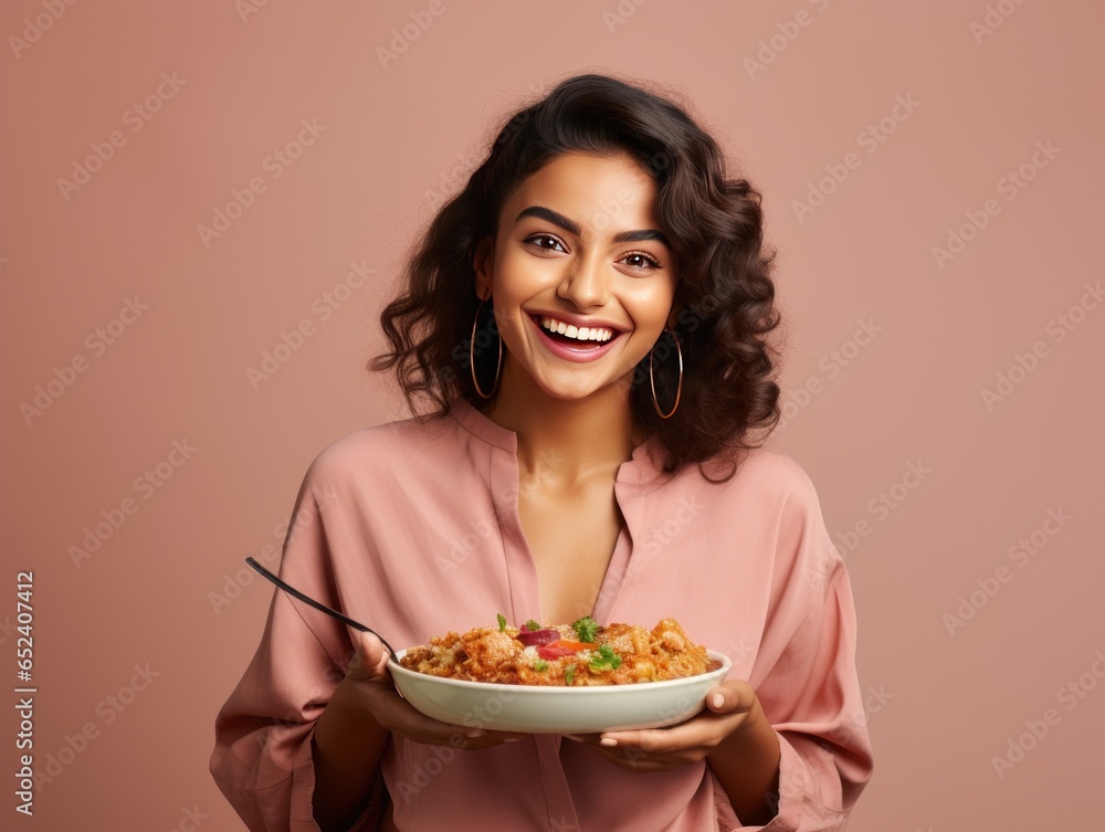 Indian foodie influencer enjoys delicious cuisine Indian foodie influencer enjoys delicious cuisine