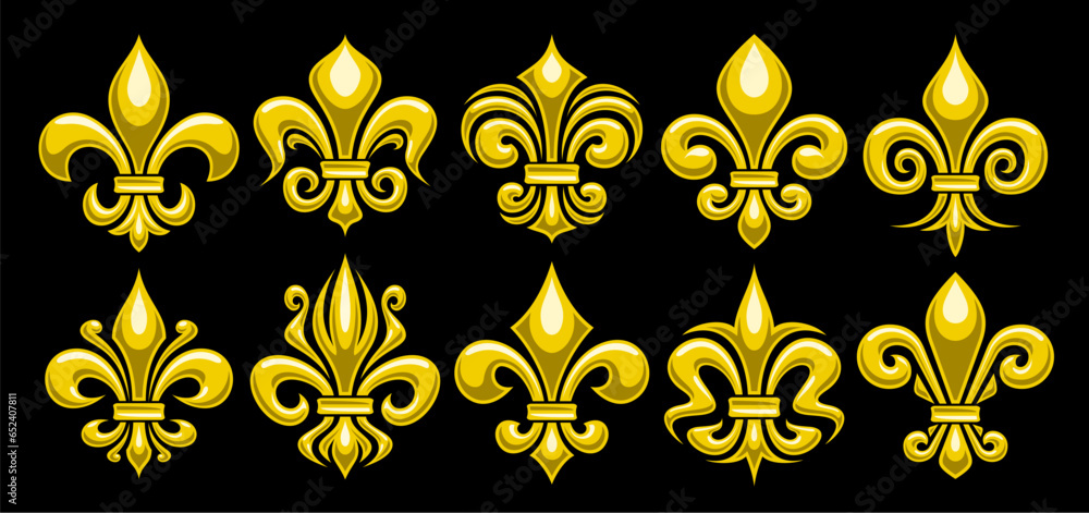 Vector Fleur de Lis set, horizontal banner with lot collection of 10 cut out illustrations of variety yellow fleur de lis lily flowers, group of many different ornate art symbols on black background - obrazy, fototapety, plakaty 