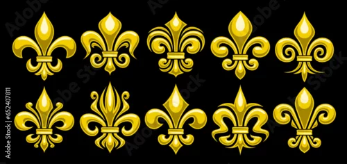 Obraz Vector Fleur de Lis set, horizontal banner with lot collection of 10 cut out illustrations of variety yellow fleur de lis lily flowers, group of many different ornate art symbols on black background