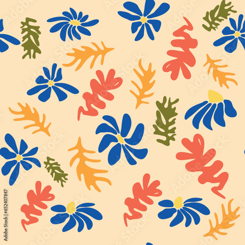 Blue floral pattern, crooked leaves and  flowers