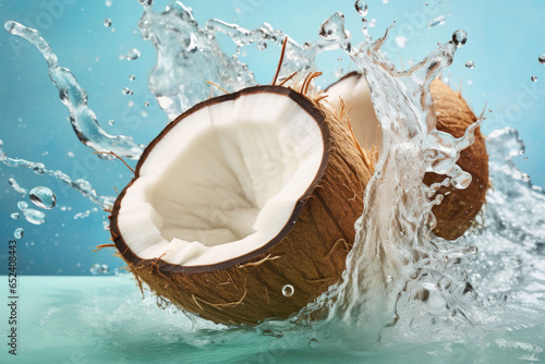 A smashed coconut with milk splashes in the background. Generative AI