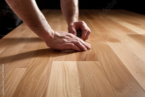 A worker's hands installing a new hardwood floor. Generative AI © barmaleeva