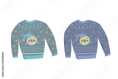 set of cute knit ugly sweaters with walrus