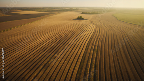 symmetrically plowed field at sunset  organic farm  agriculture. Generative AI