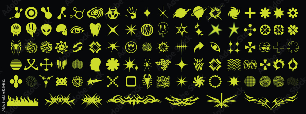 © Oleksandra - Y2k graphic icon retro set, futuristic space logo kit, brutalist acid groovy shapes collection. Planet symbol, modern 2000s cyber grid decoration clipart, 90s stars techno symbol. Y2k tattoo icon