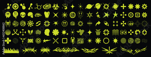 Y2k graphic icon retro set, futuristic space logo kit, brutalist acid groovy shapes collection. Planet symbol, modern 2000s cyber grid decoration clipart, 90s stars techno symbol. Y2k tattoo icon